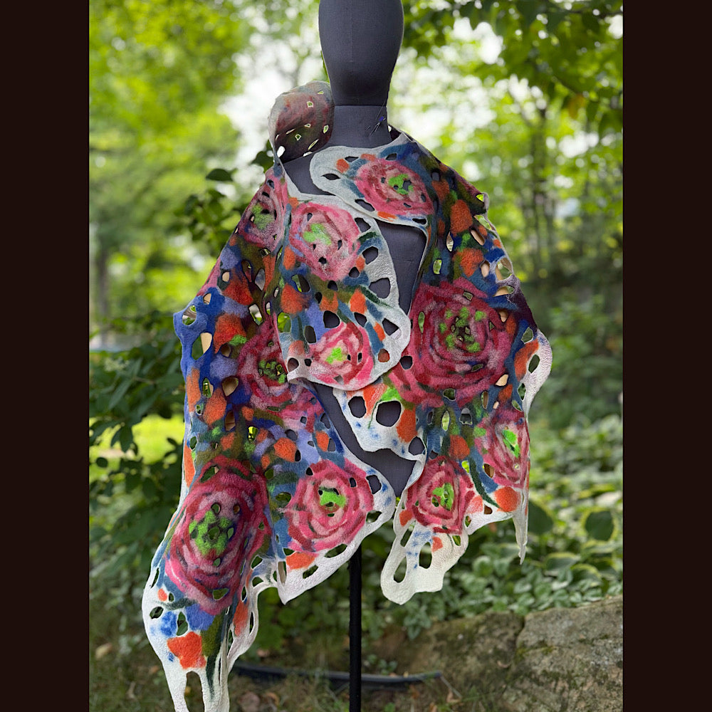 OOAK Handmade wool Felted Scarf 90” X 20” Original art work