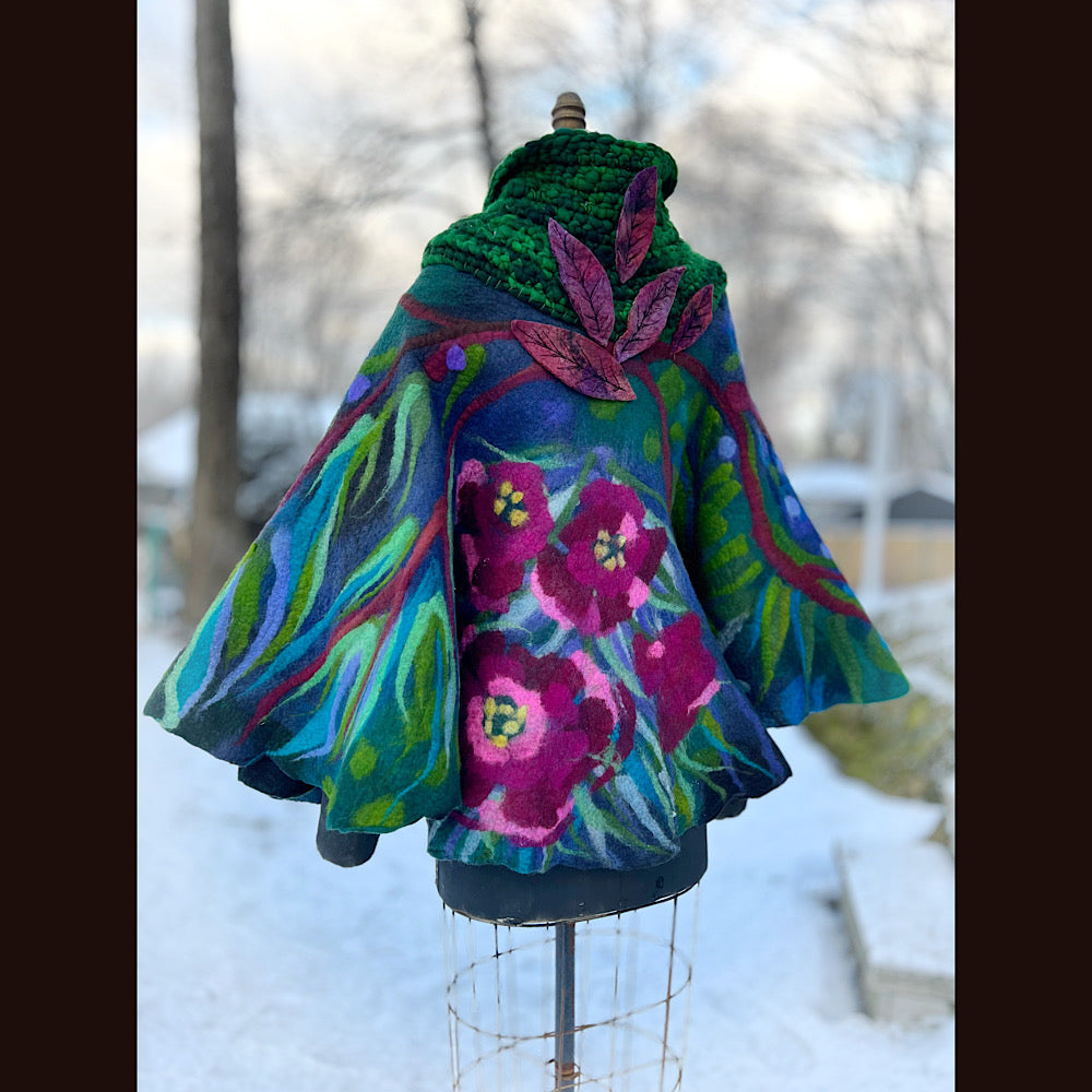 Felted cape coat with crochet collar