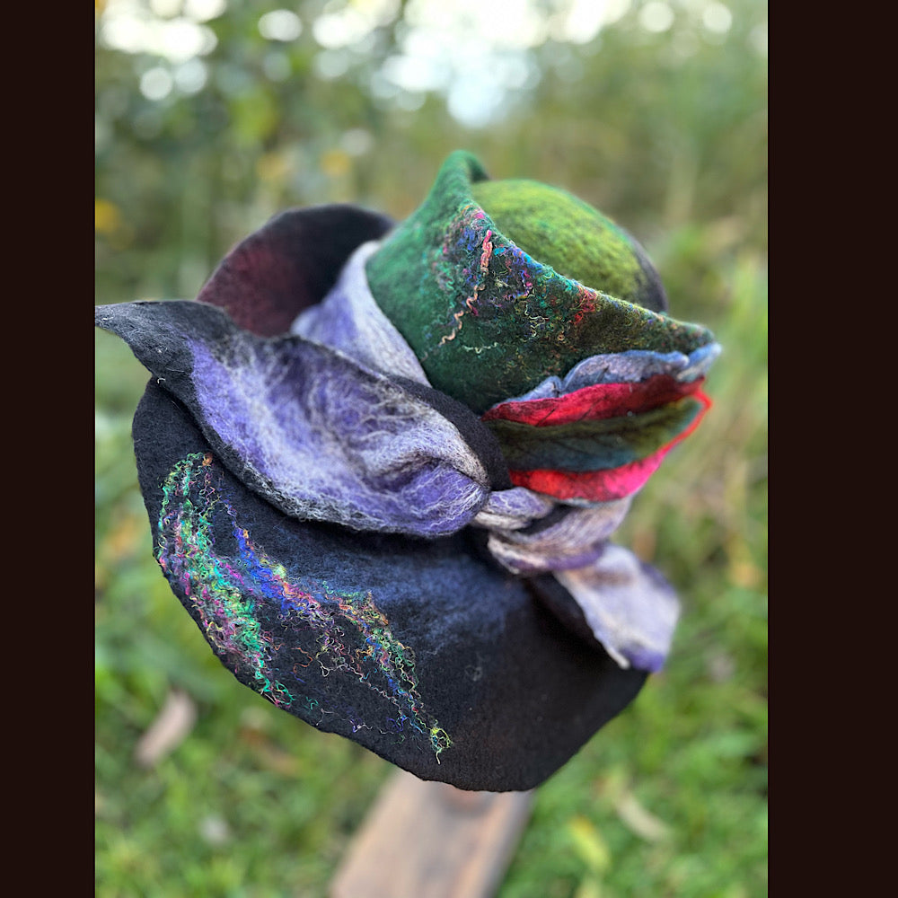 Felted top hat with leaves 23.5” medium