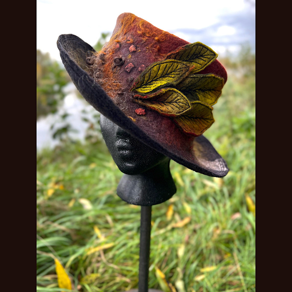 Felted top hat with leaves 23.5” medium