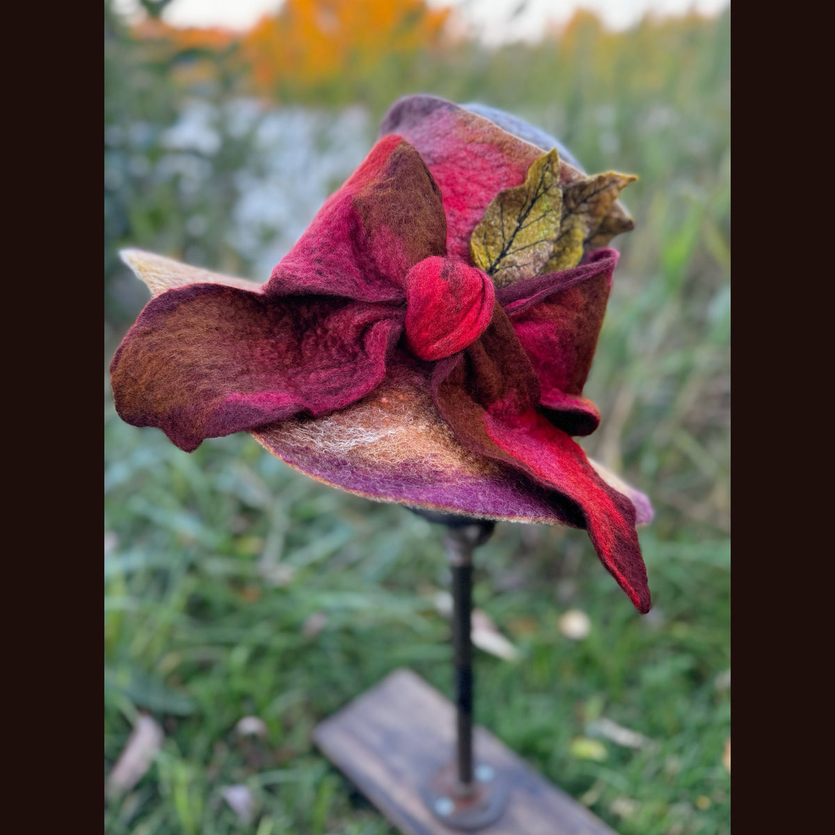 Felted top hat with leaves 23 3/4” medium