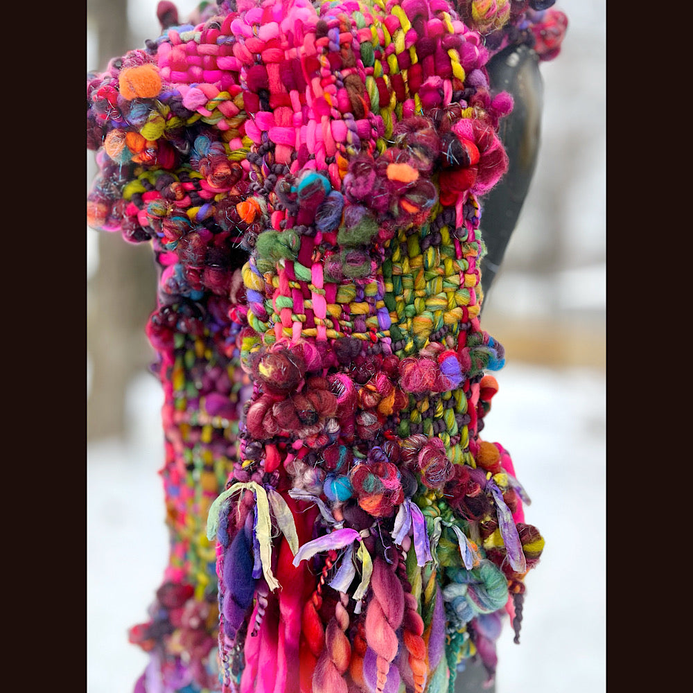 Happiness-  Woven art yarn Scarf 90” X 10”