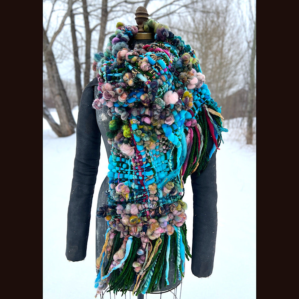 Woven scarf made of hand spun yarn 84” X 10”