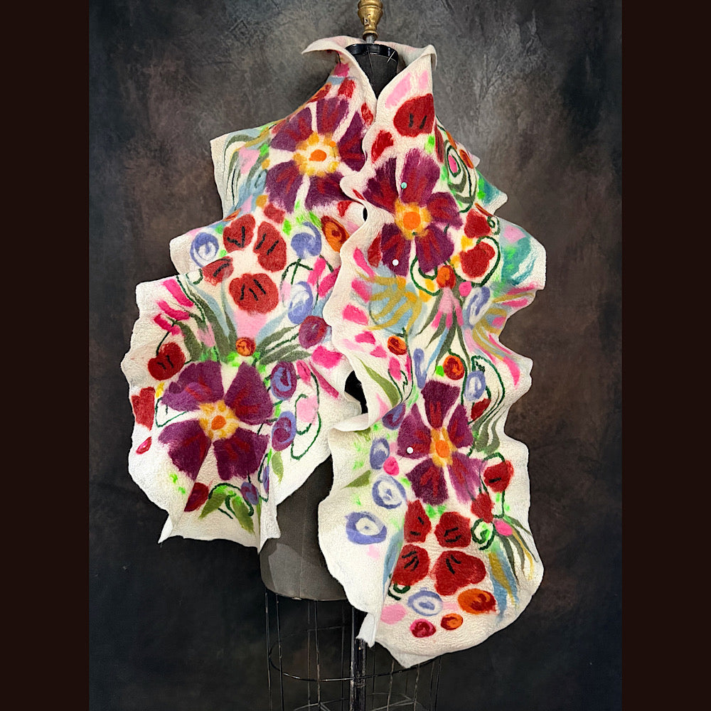 OOAK Handmade wool Felted Scarf 81” X 14” Original art work