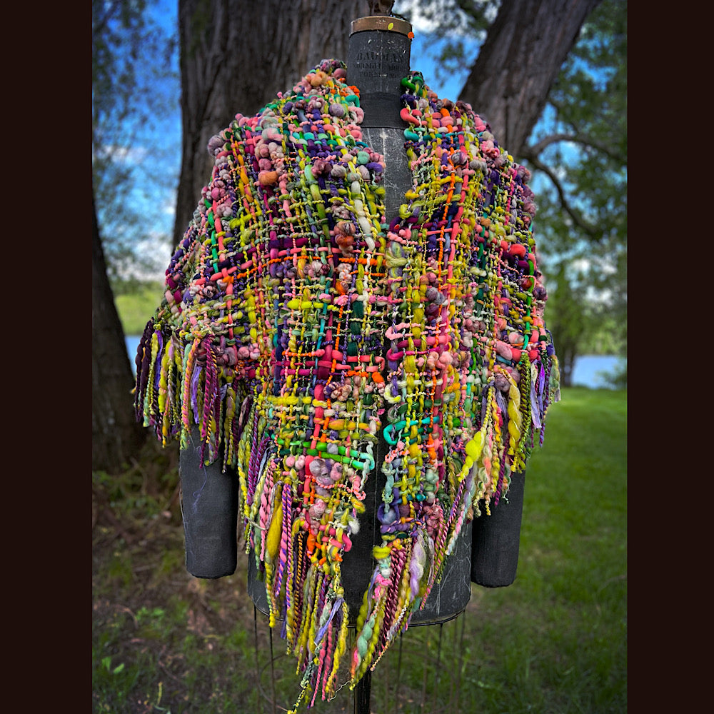 Rainbow warrior Woven shawl 82” X 36” 1 pound