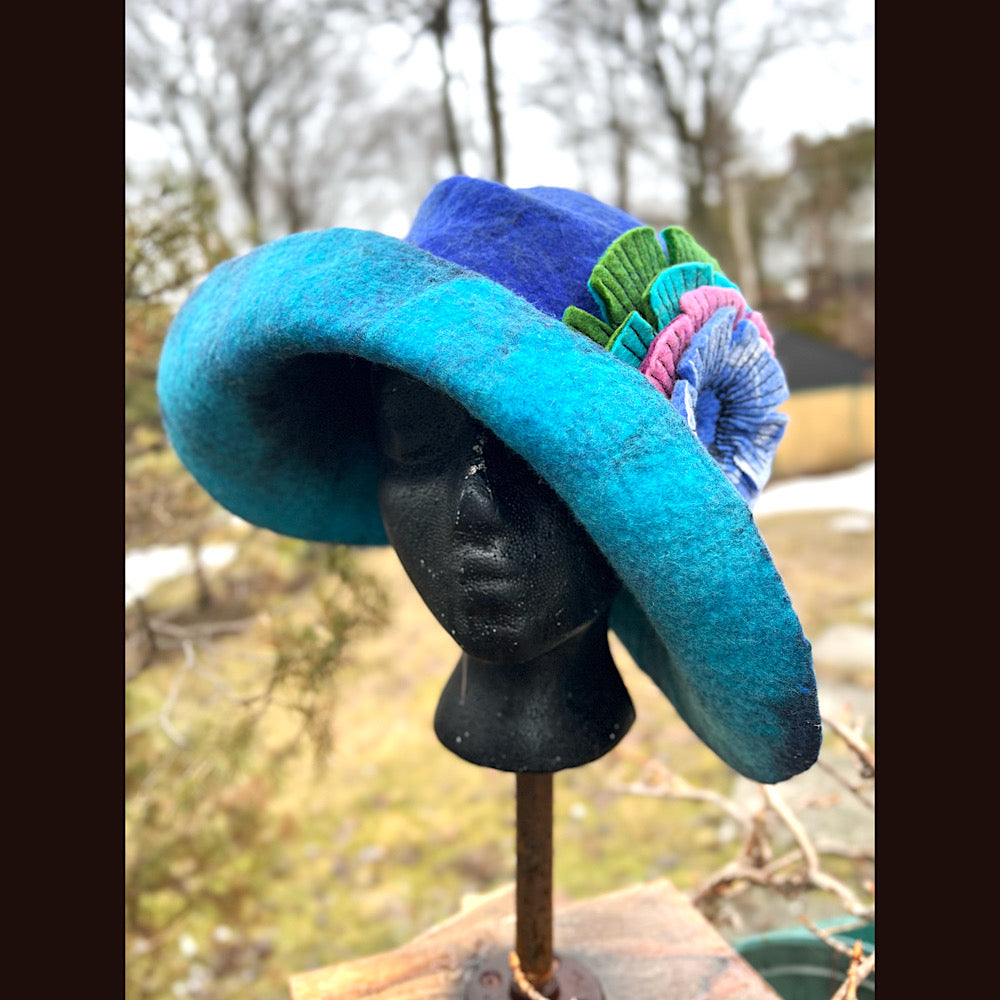 Felted cloche hat with flower 23” 1/2 medium