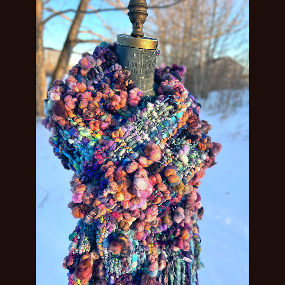 “Glorious innocence “ Woven scarf made of hand spun yarn 84” X 10”