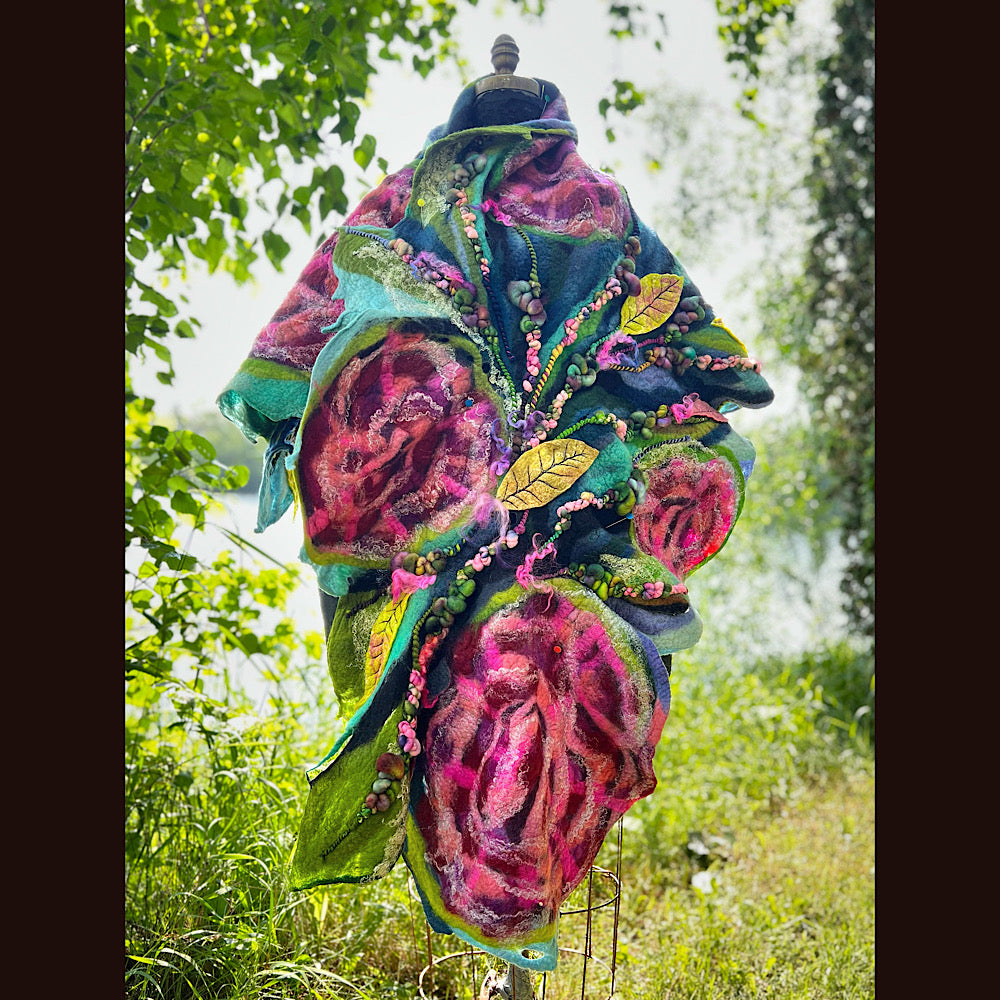 Wild Roses Large Felted Shawl 80” X 30”