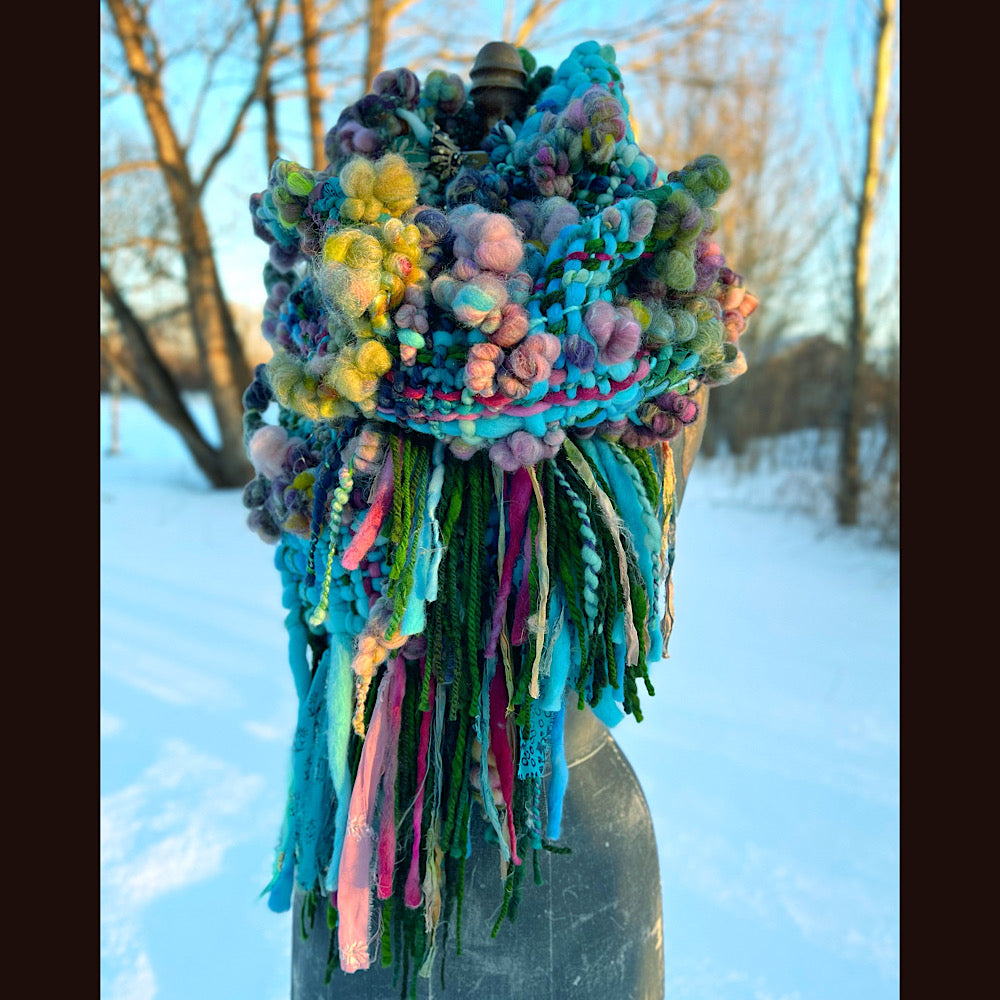 Woven scarf made of hand spun yarn 84” X 10”