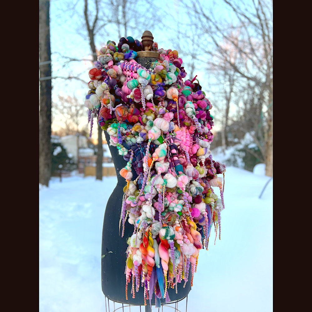 Frosted primroses woven art yarn Scarf 102” X 8” 1.6 pound!