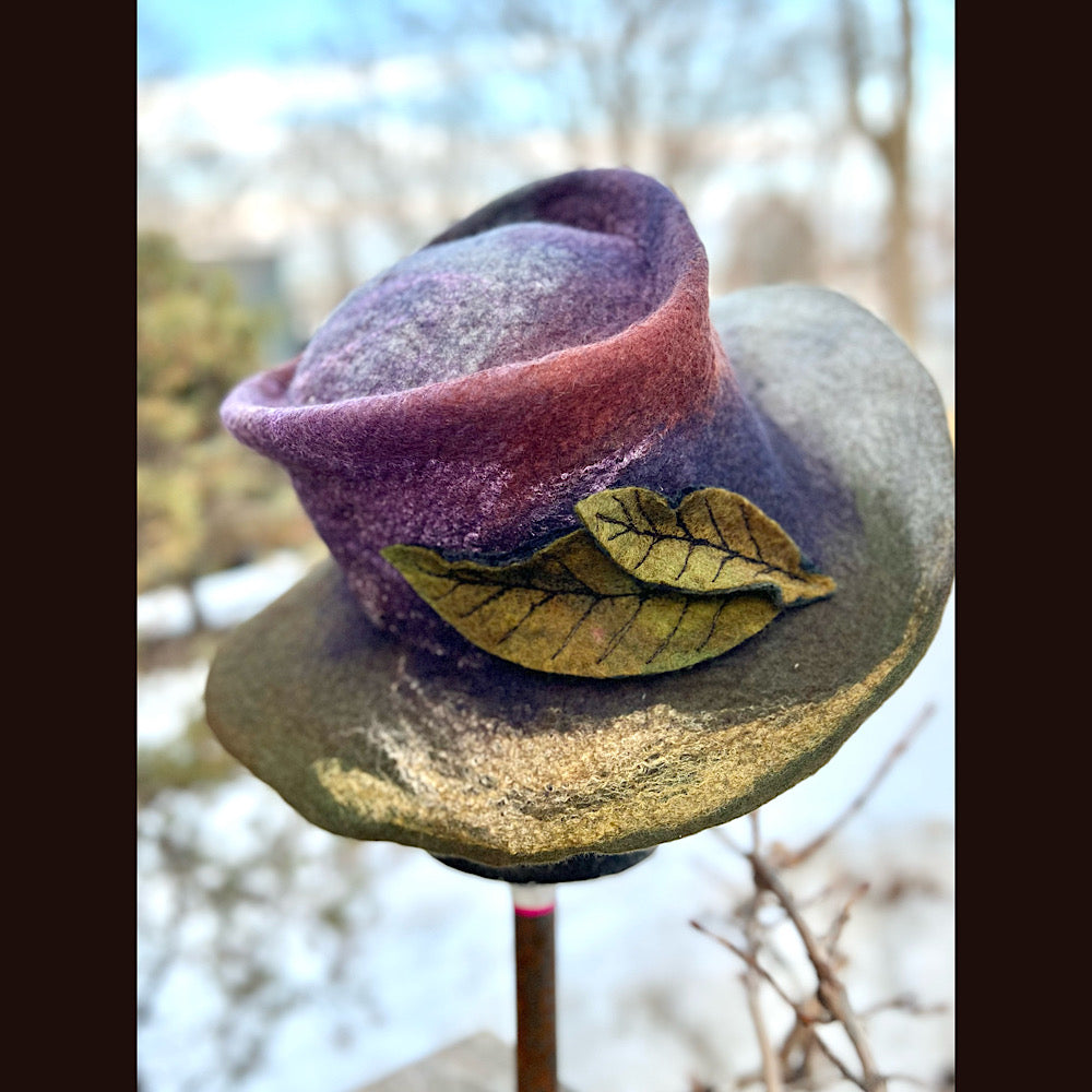 Felted top hat with leaves 23” 1/2 medium