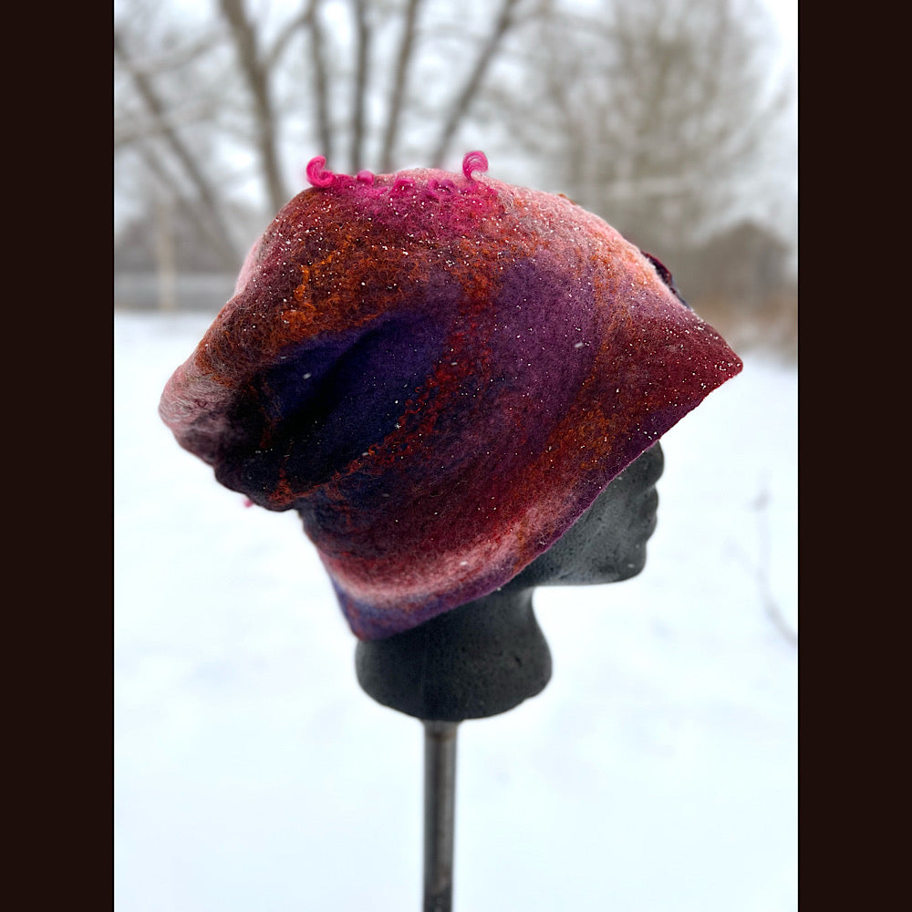 Felted toque hat with rose 23.5” medium