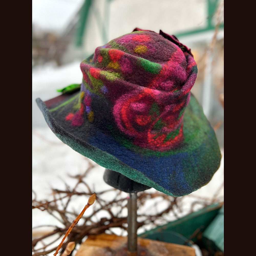 Felted top hat with rose 23” medium