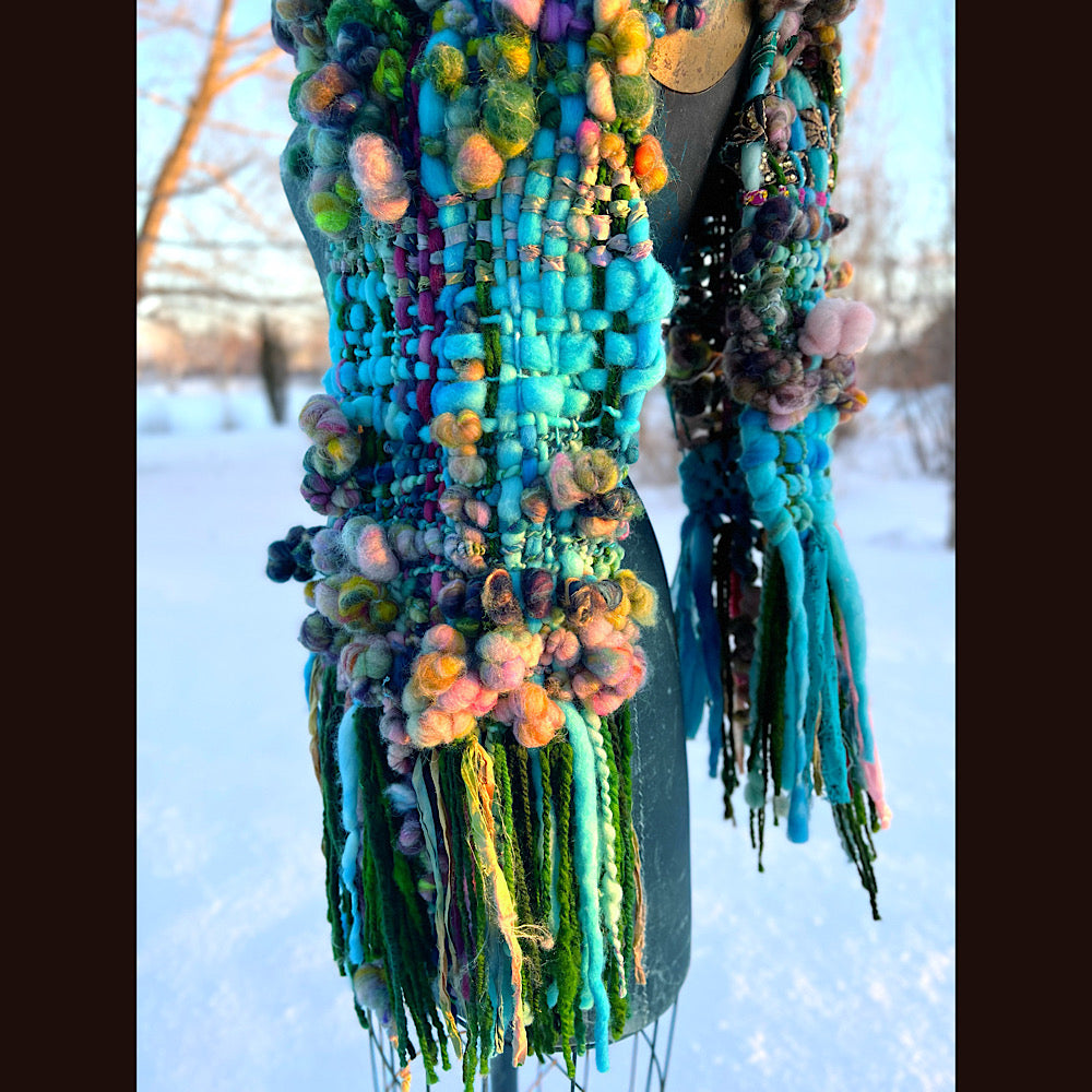 Woven scarf made of hand spun yarn 84” X 10”