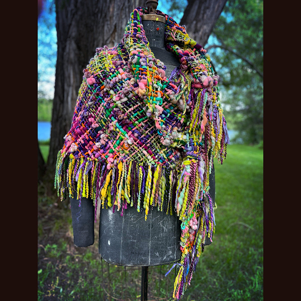 Rainbow warrior Woven shawl 82” X 36” 1 pound