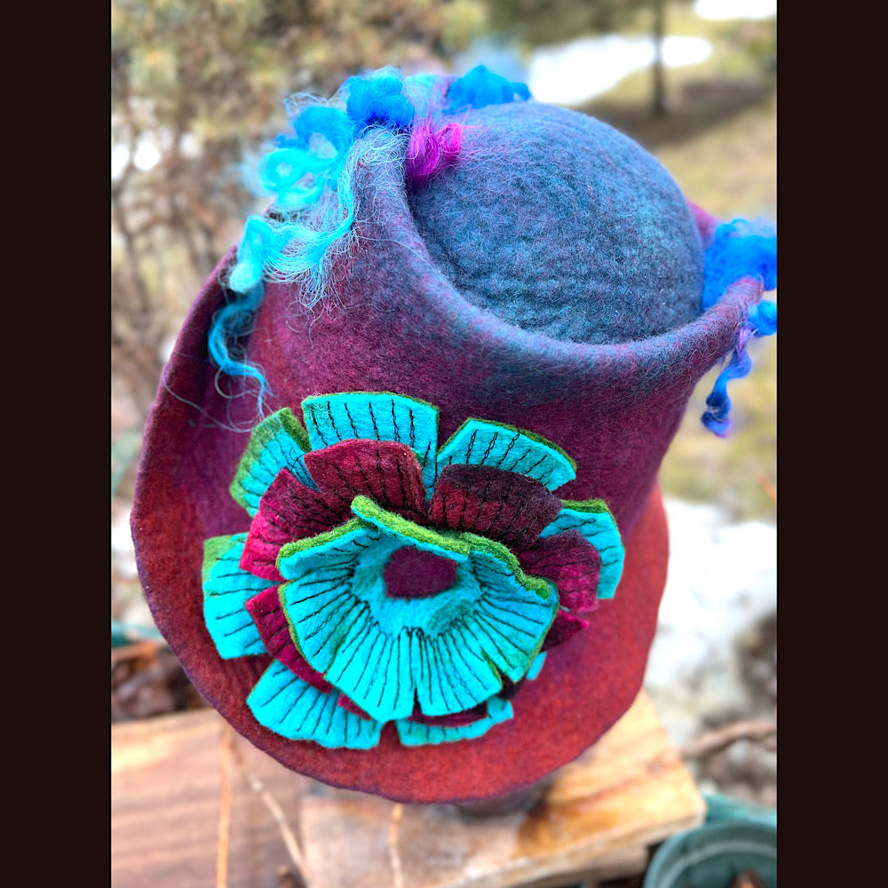 Felted top hat with flower 22” small