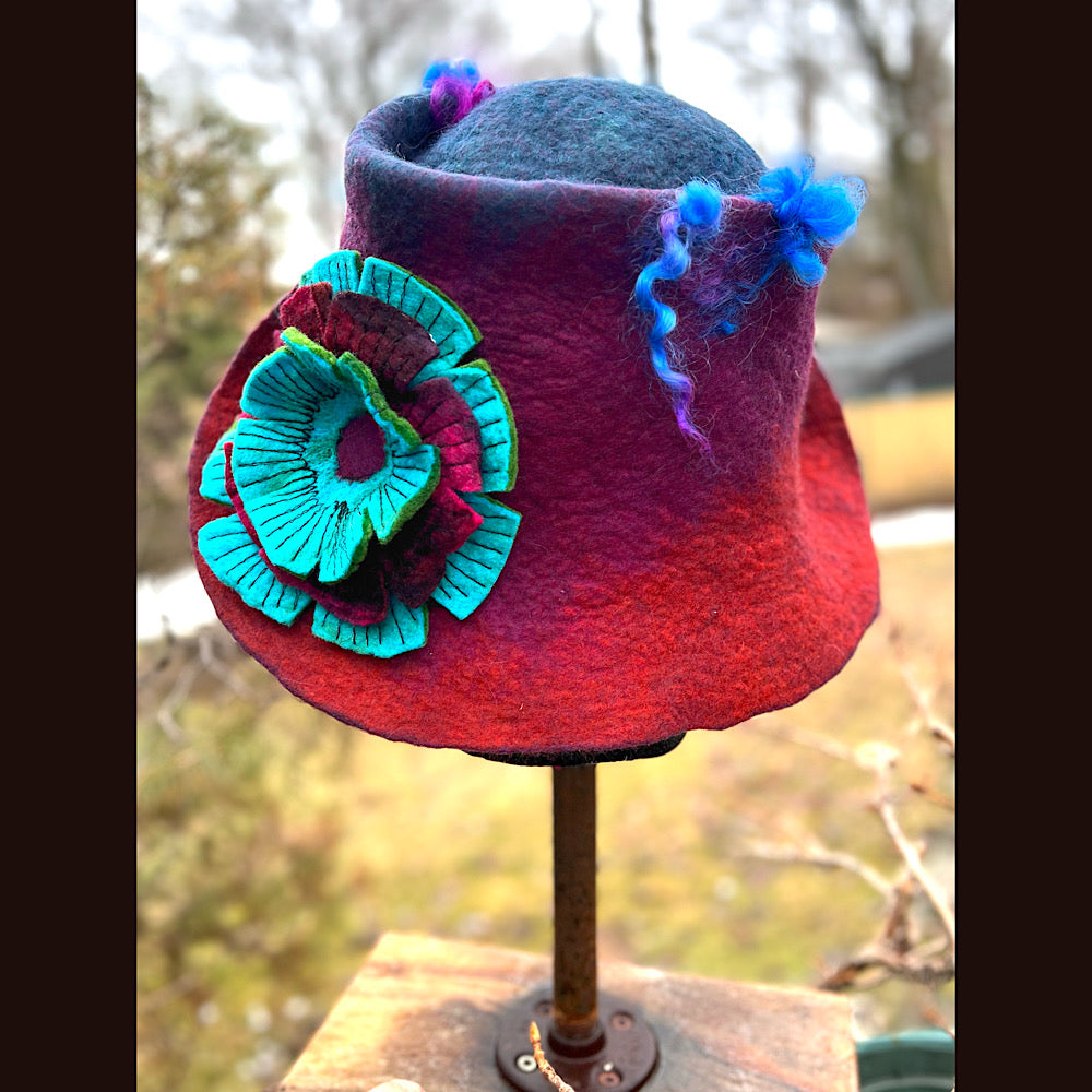 Felted top hat with flower 22” small