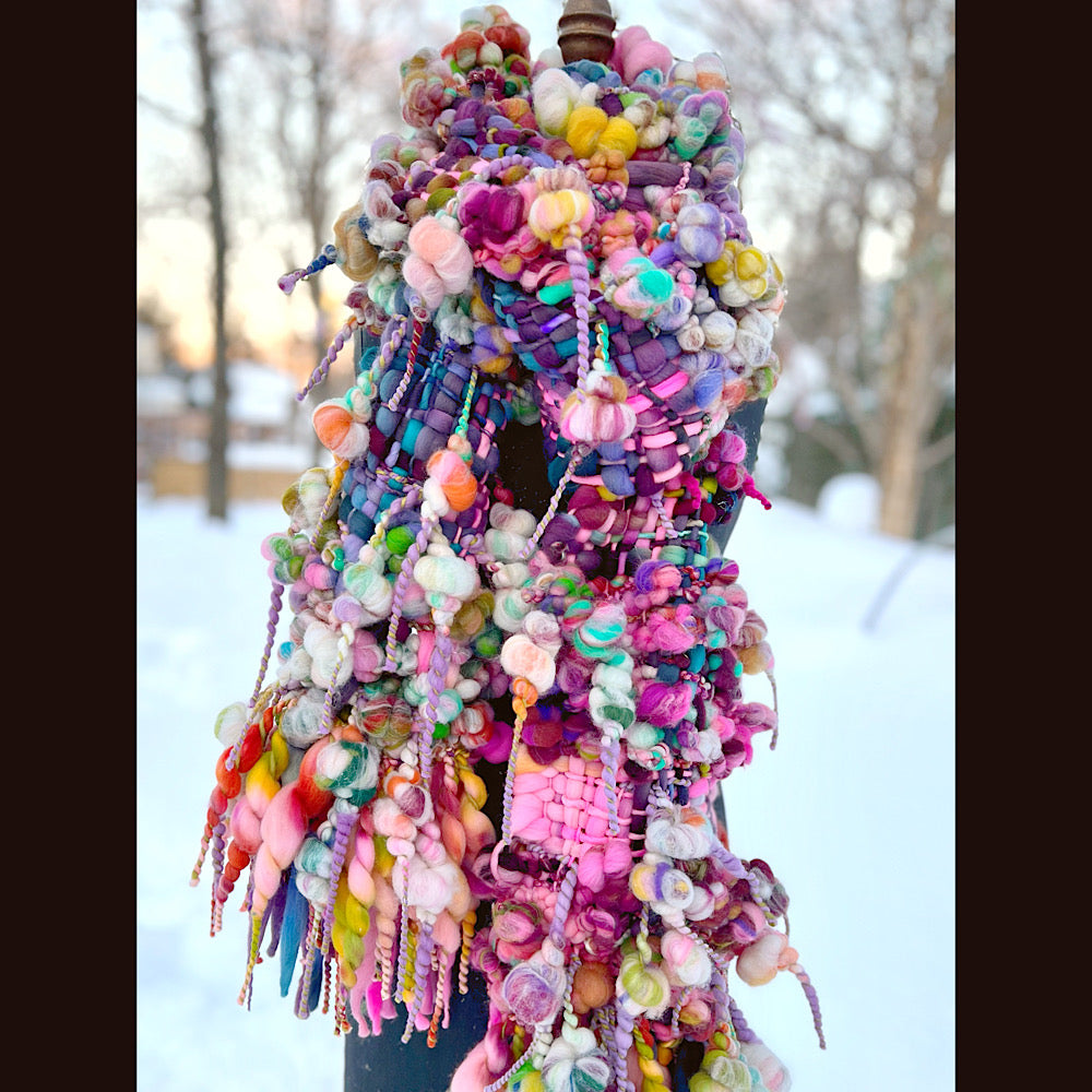 Frosted primroses woven art yarn Scarf 102” X 8” 1.6 pound!