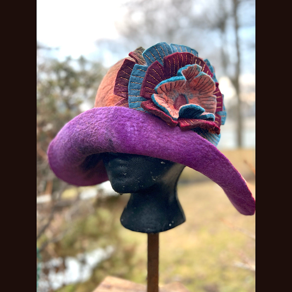 Felted cloche hat with flower 23” 1/2 medium