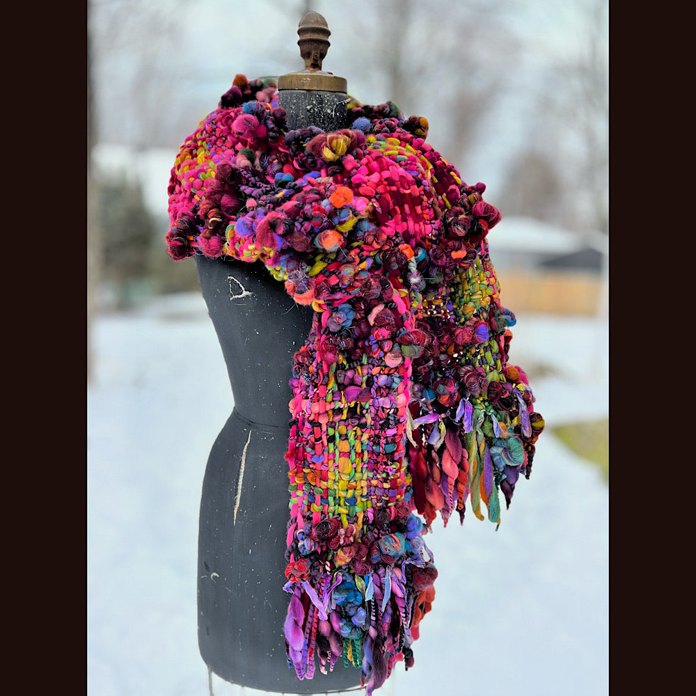 Happiness-  Woven art yarn Scarf 90” X 10”