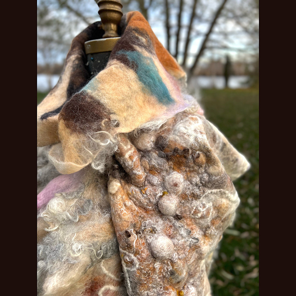 L’Esprit du bois 2024  felted shawl 72” X 22”