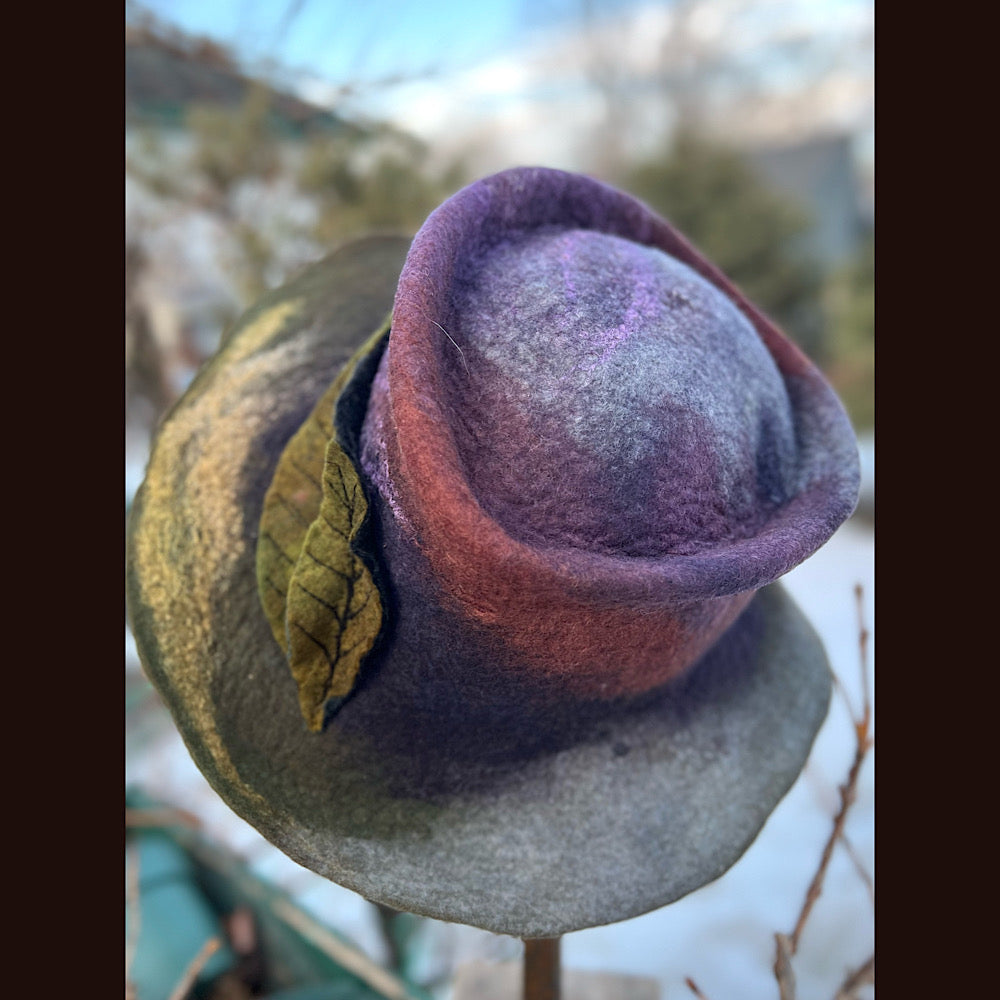 Felted top hat with leaves 23” 1/2 medium