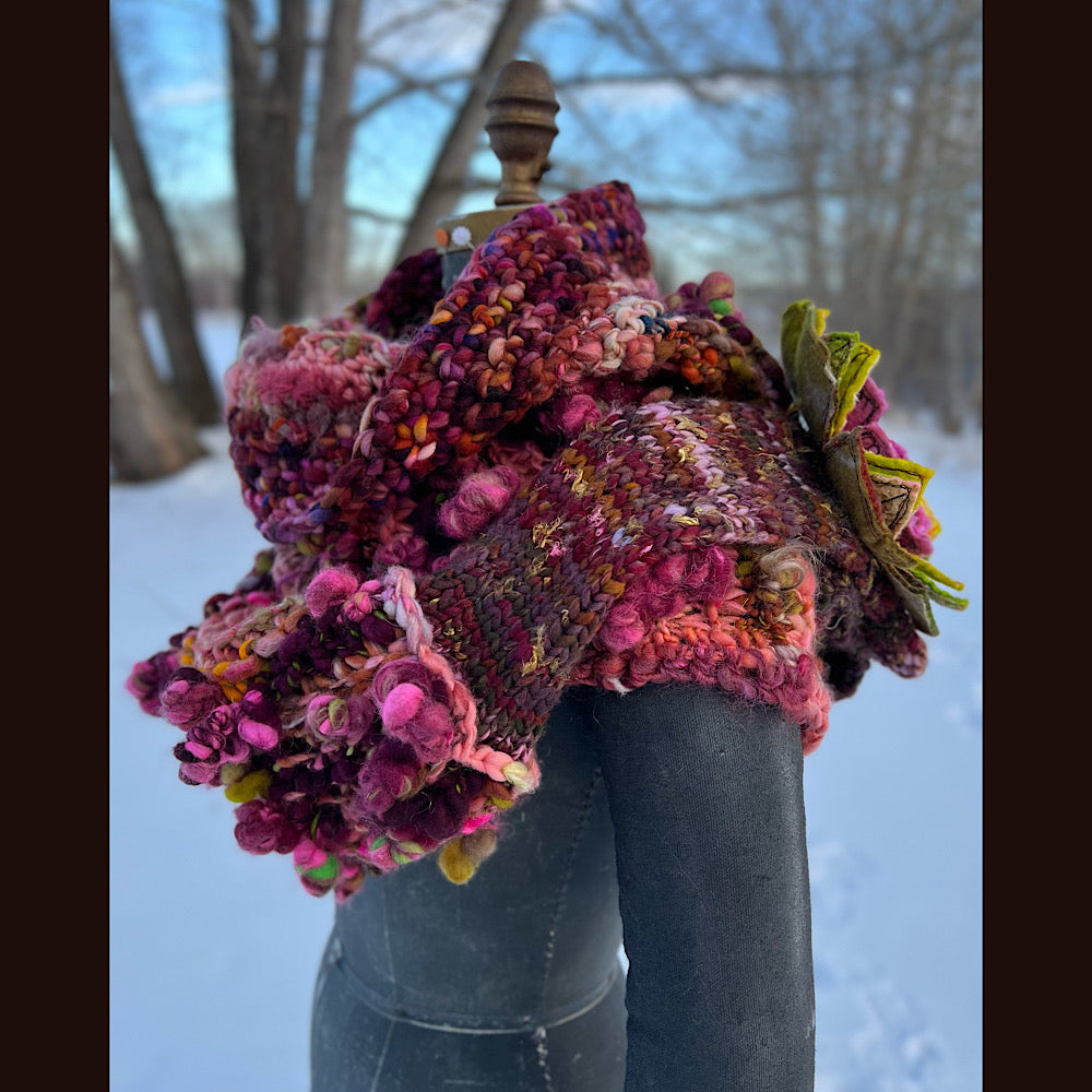 Knitted scarf made of hand spun yarn Flower included 84” X 14”