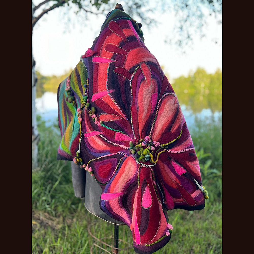 Wild Roses Large Felted Shawl 75” X 38”