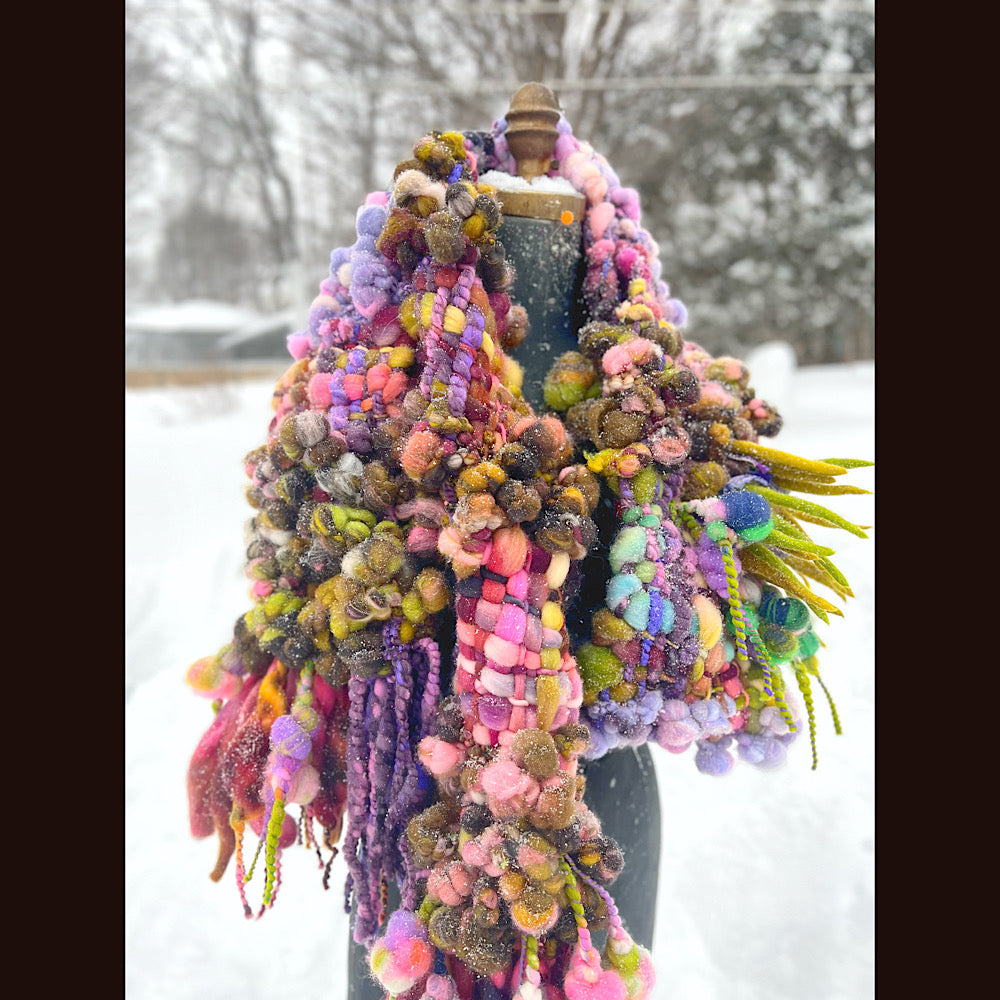 Velvet roses  woven art yarn Scarf 102” X 7 1/2”