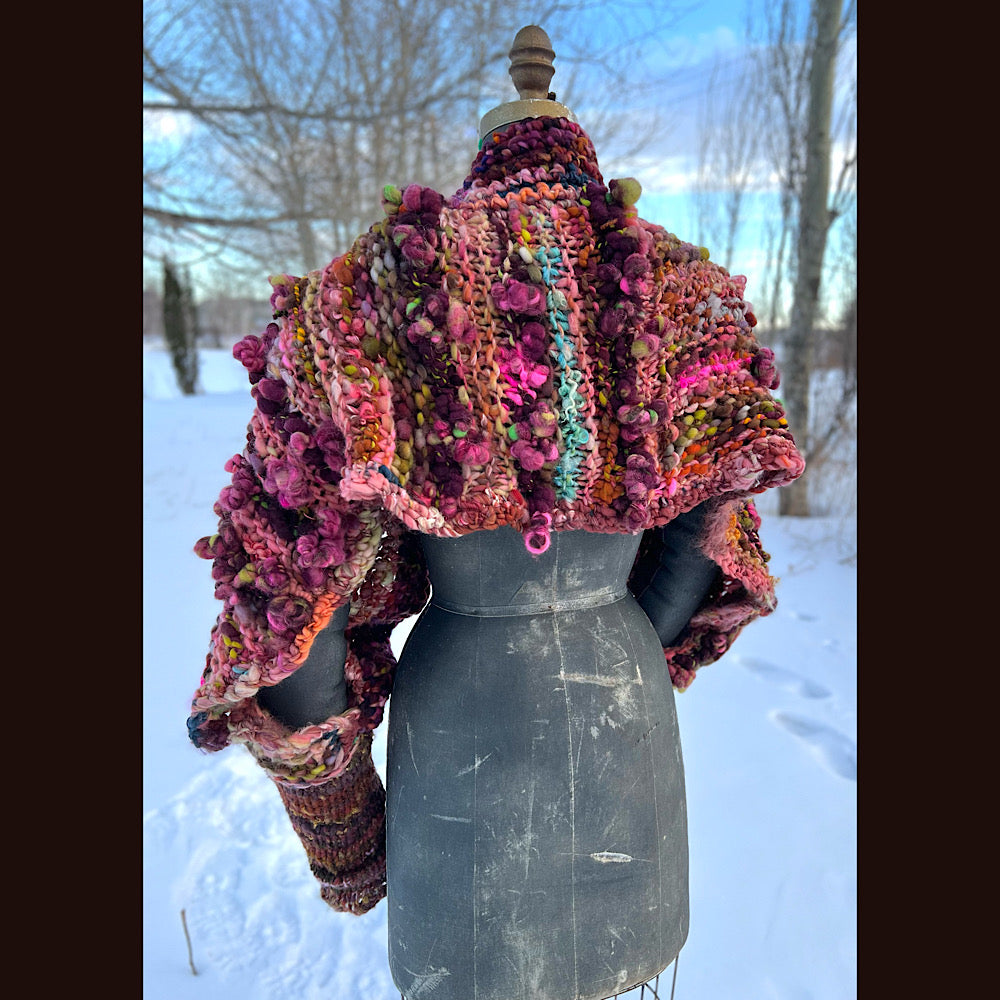 Knitted scarf made of hand spun yarn Flower included 84” X 14”