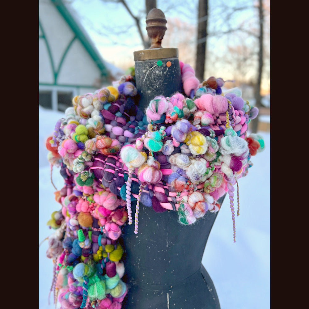 Frosted primroses woven art yarn Scarf 102” X 8” 1.6 pound!