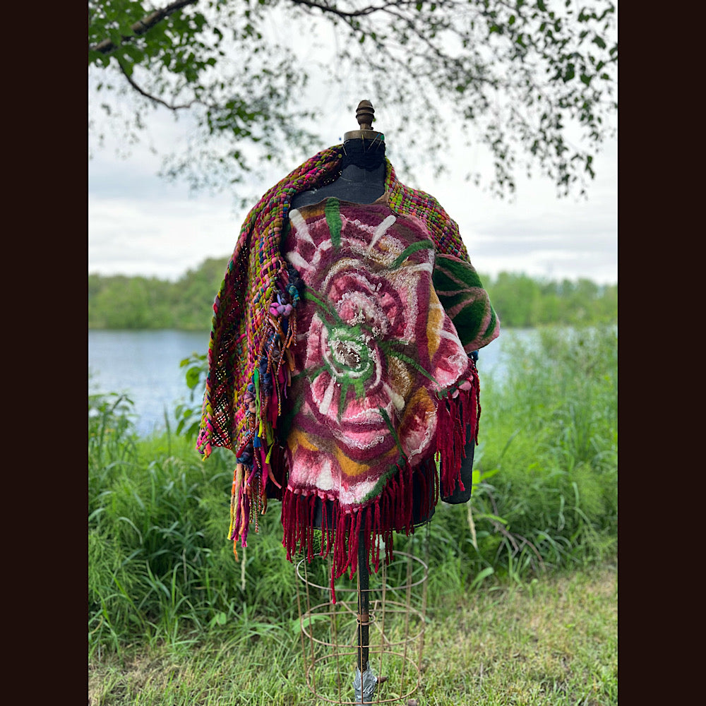 Woven shawl with felted rose 70” X 25”