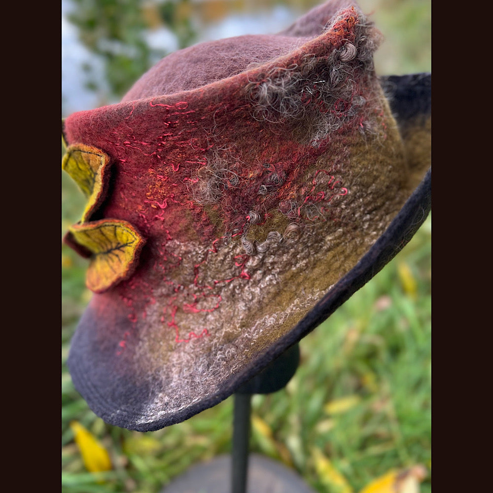 Felted top hat with leaves 23.5” medium