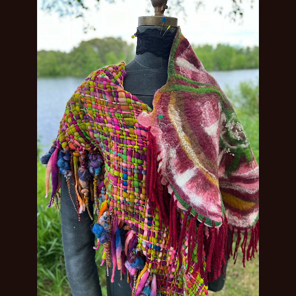 Woven shawl with felted rose 70” X 25”