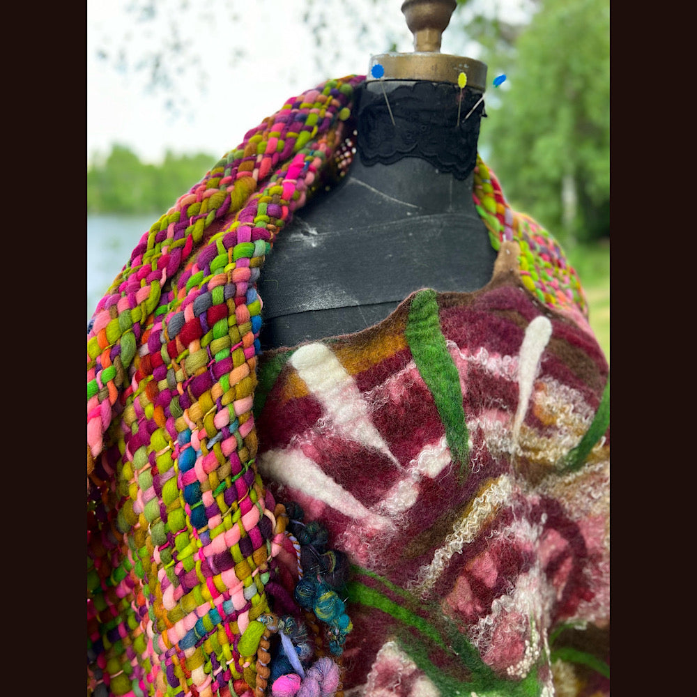 Woven shawl with felted rose 70” X 25”