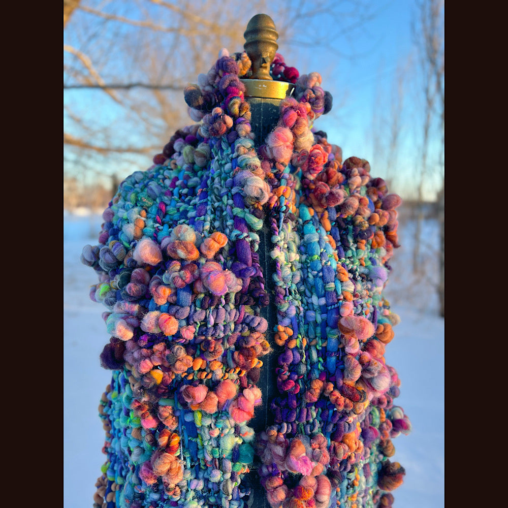“Glorious innocence “ Woven scarf made of hand spun yarn 84” X 10”