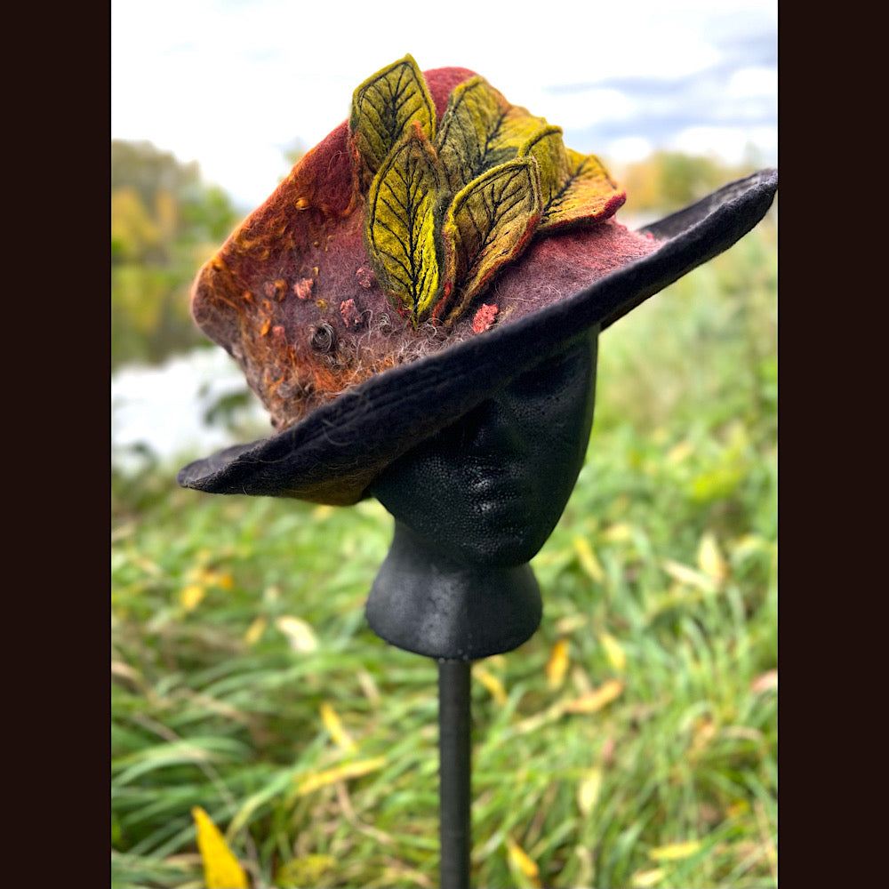 Felted top hat with leaves 23.5” medium