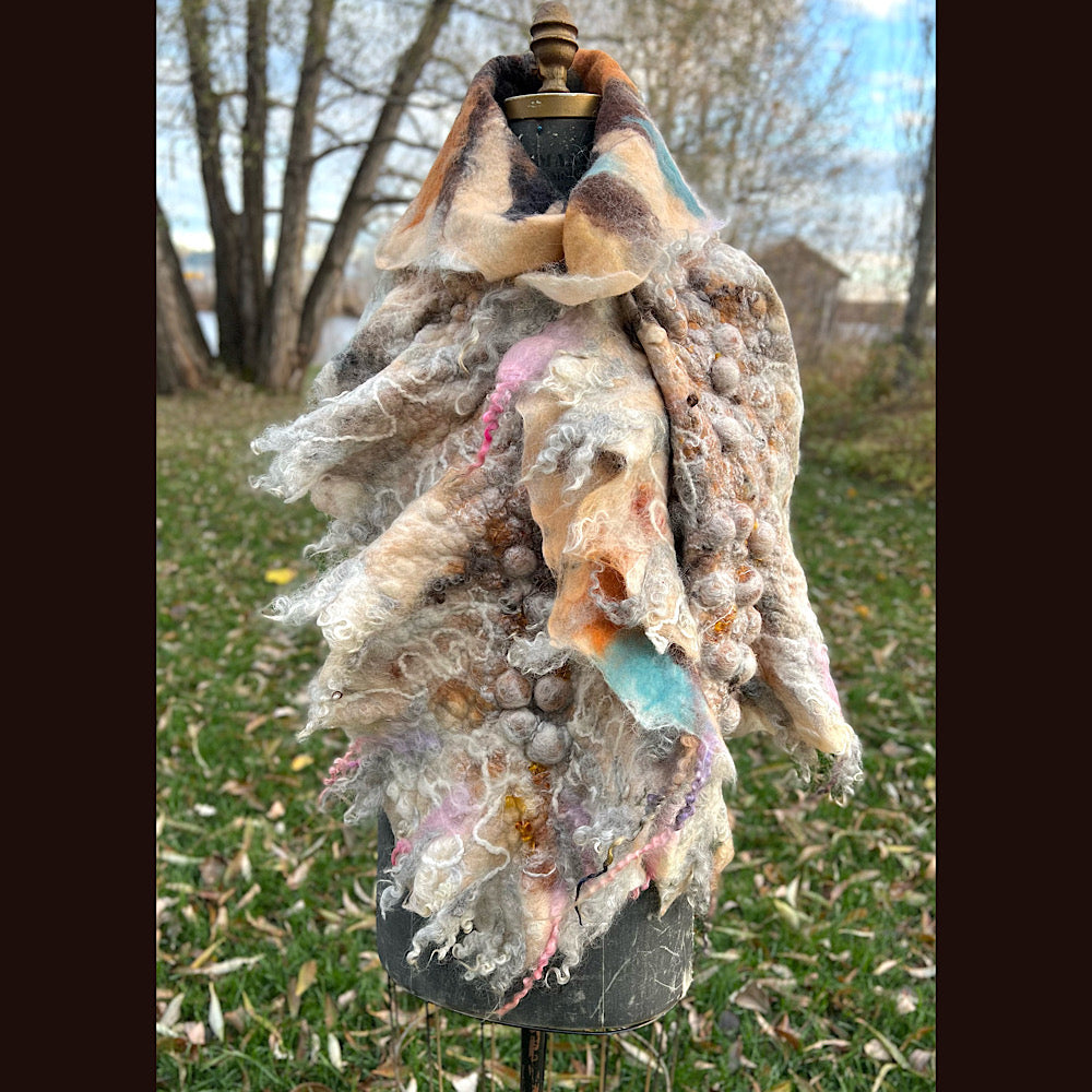 L’Esprit du bois 2024  felted shawl 72” X 22”