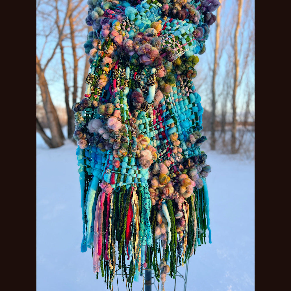 Woven scarf made of hand spun yarn 84” X 10”