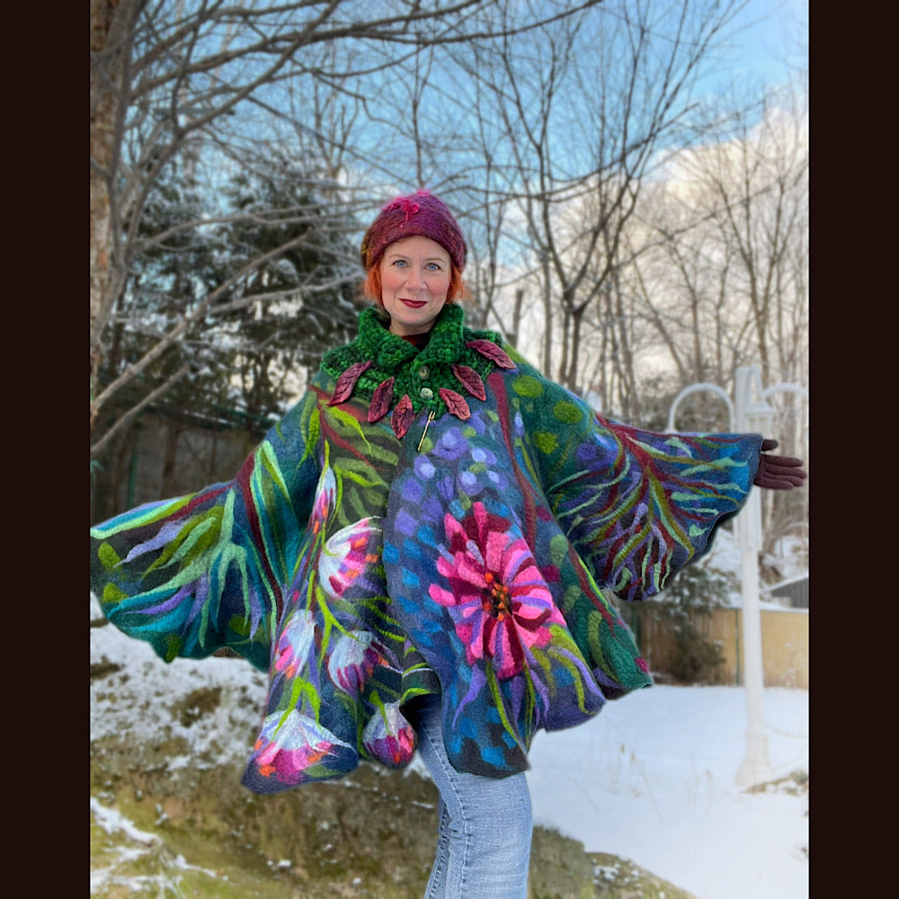 Felted cape coat with crochet collar