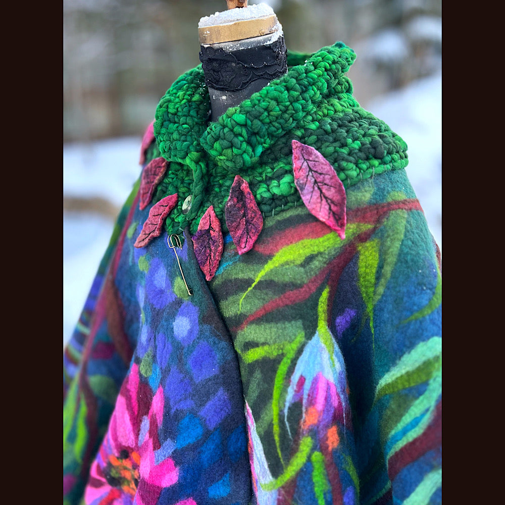 Felted cape coat with crochet collar