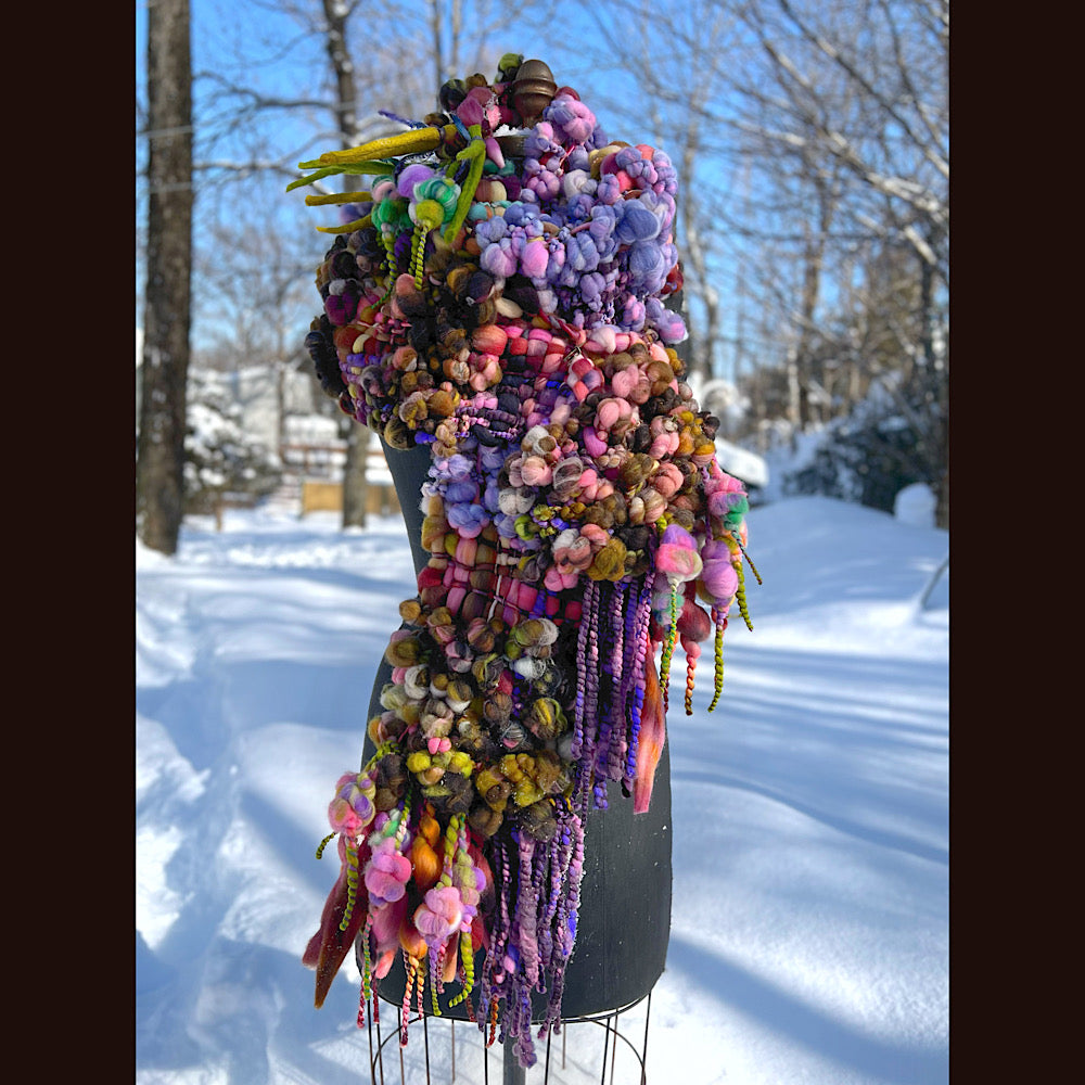 Velvet roses  woven art yarn Scarf 102” X 7 1/2”