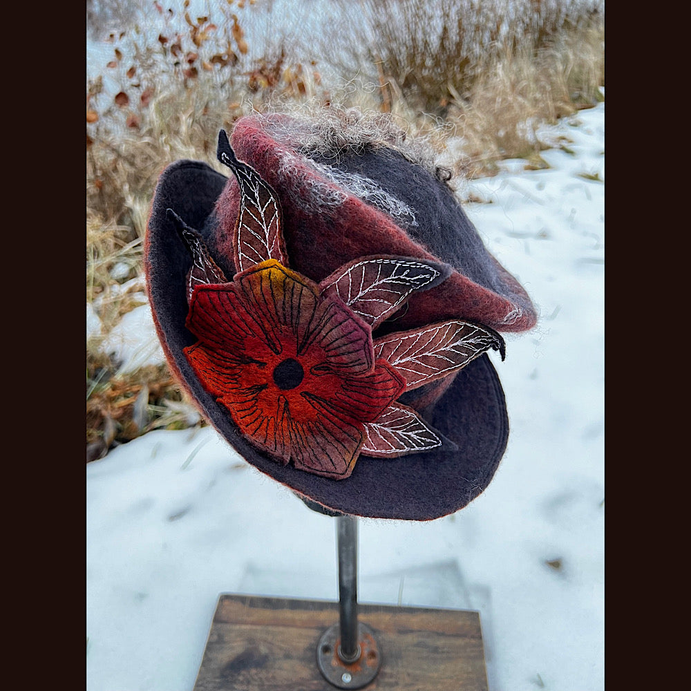 Felted top hat with rose 23” medium