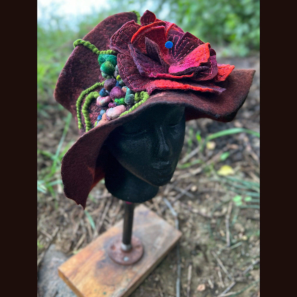 Felted top hat with rose 24” medium large