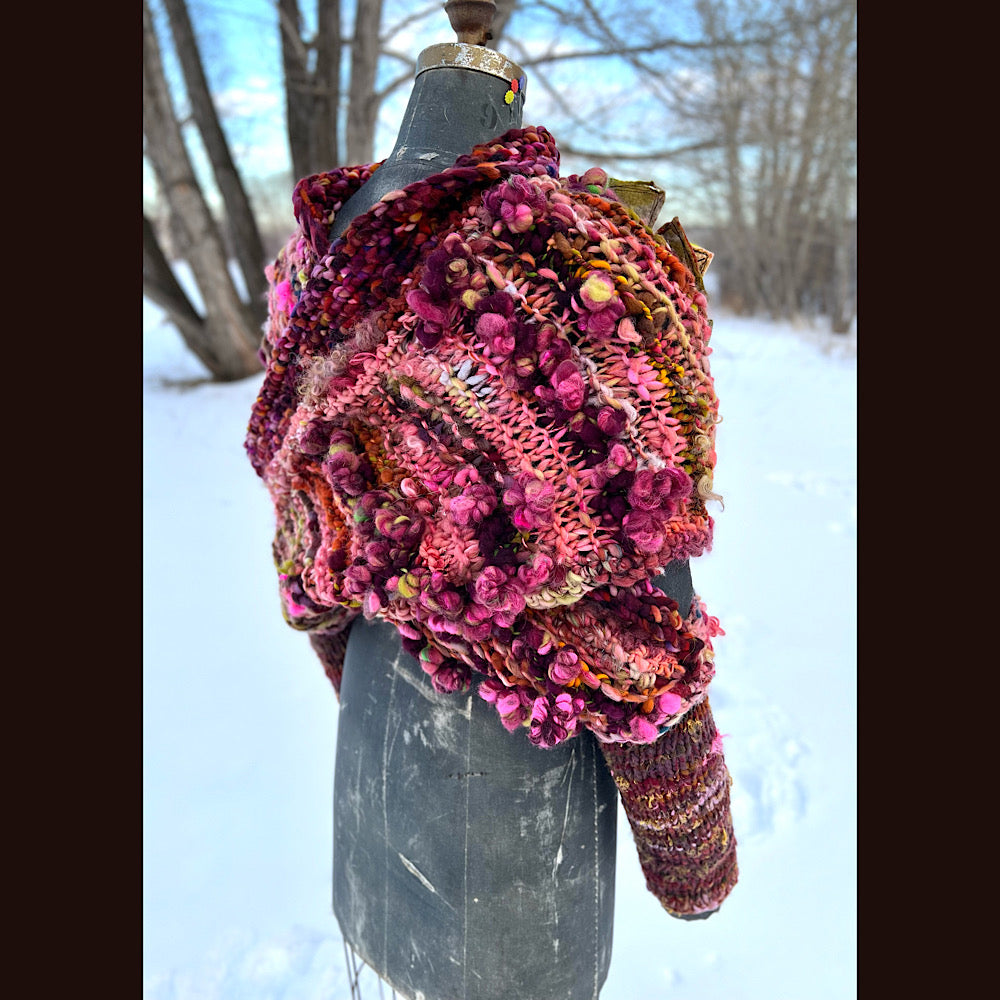 Knitted scarf made of hand spun yarn Flower included 84” X 14”