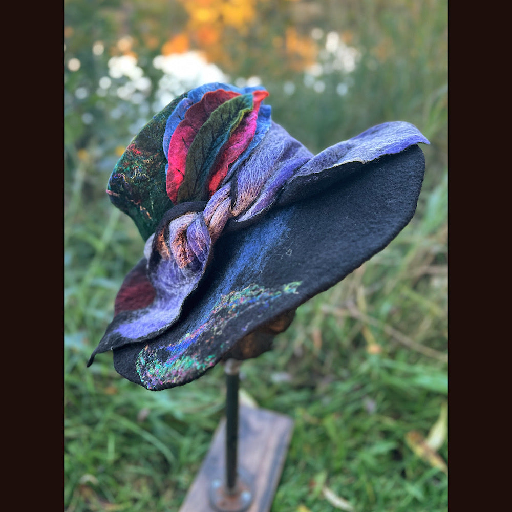 Felted top hat with leaves 23.5” medium