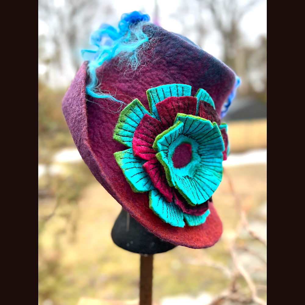 Felted top hat with flower 22” small