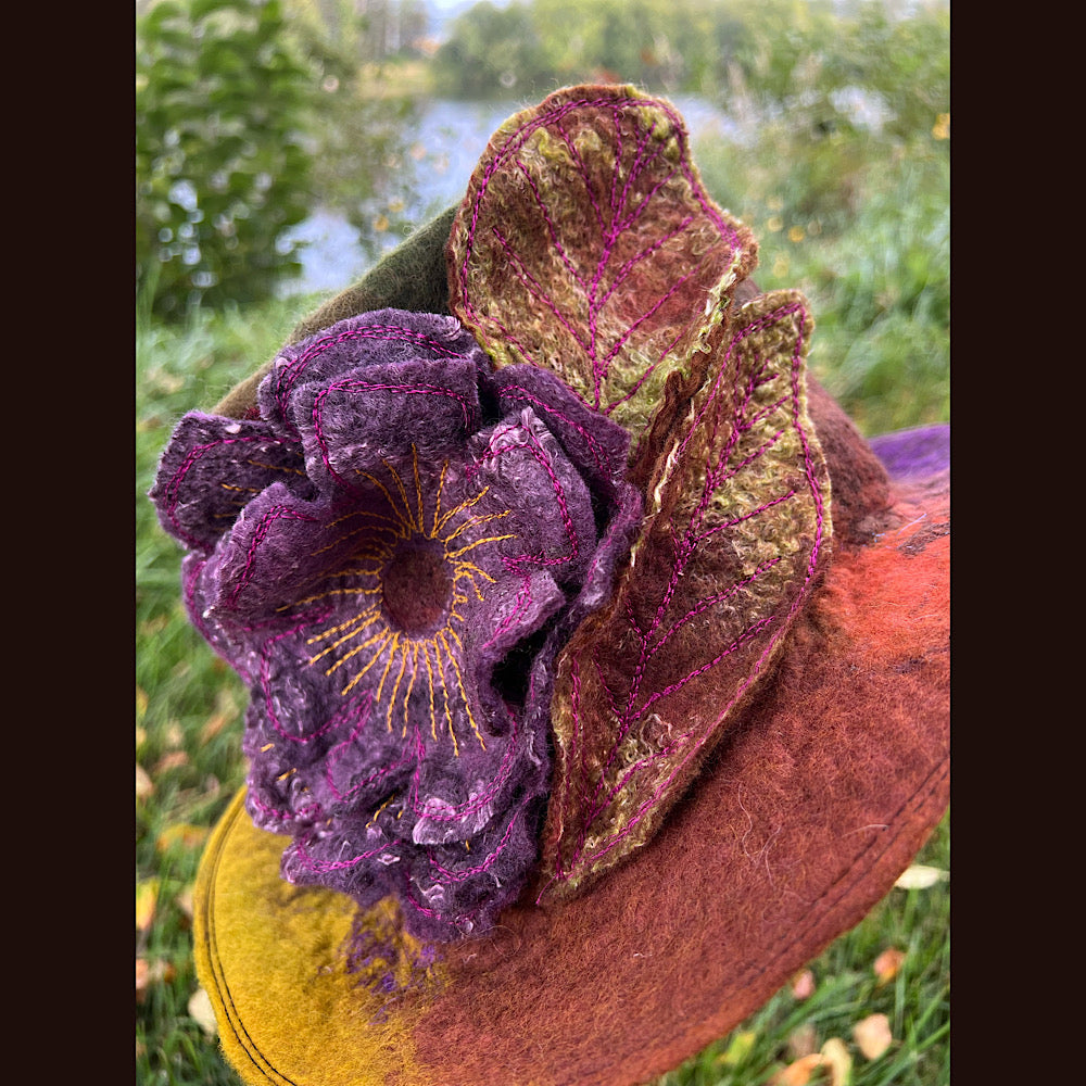 Felted top hat with rose 23.5” medium