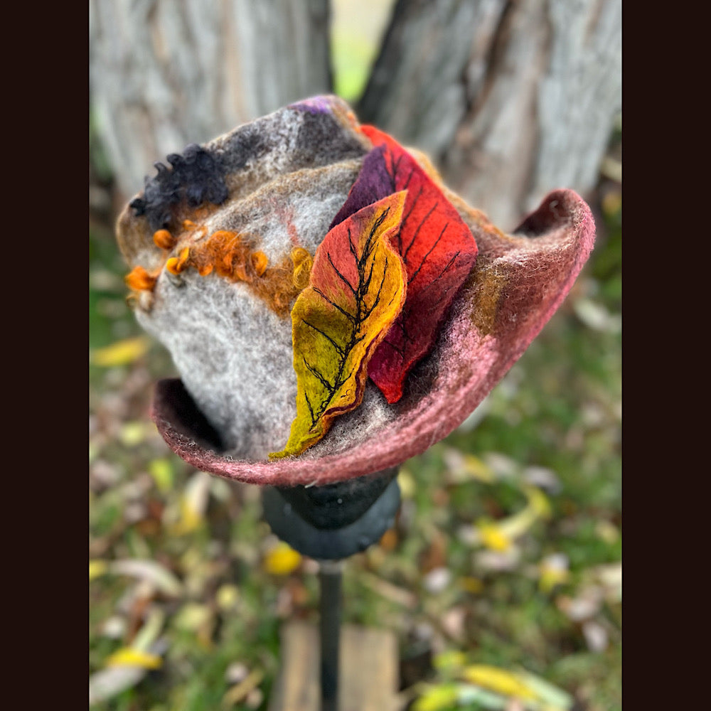 Felted top hat with leaves 24” medium large