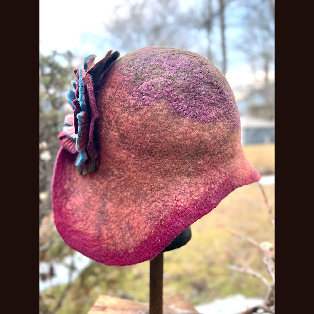 Felted cloche hat with flower 23” 1/2 medium